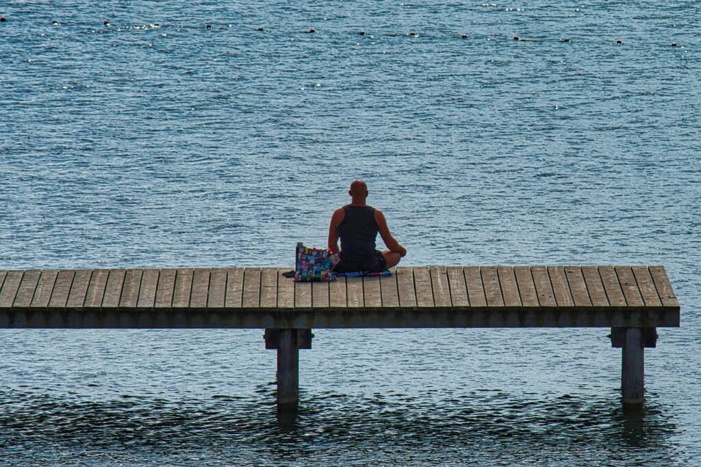 man, meditation, relaxation, recovery, person, lake, waters, web, boardwalk, man, meditation, recovery, recovery, recovery, nature, recovery, recovery