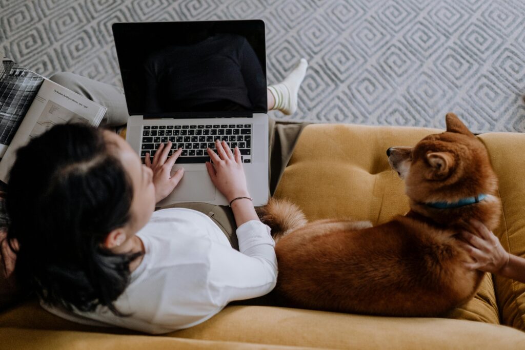 Woman working on laptop relaxing with Shiba Inu on a cozy sofa.